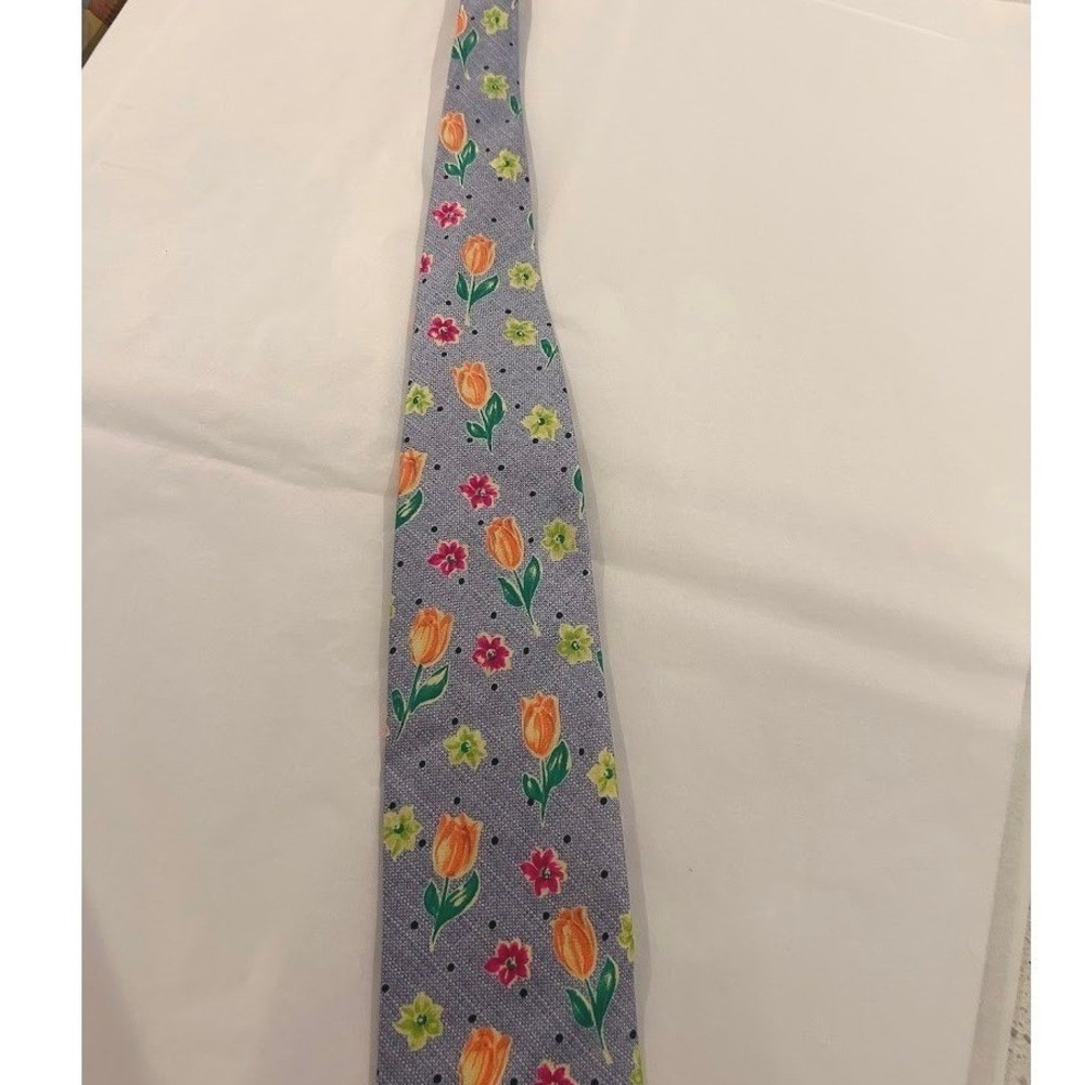 Marks & Spencer Mens Silk Tie Blue‎ Grey Orange Tulip Floral Polka Dot Print - Picture 3 of 8